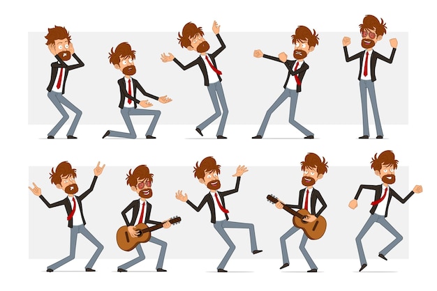 Vector cartoon flat funny bearded businessman character in black suit and red tie. boy fighting, falling, dancing and playing on guitar.