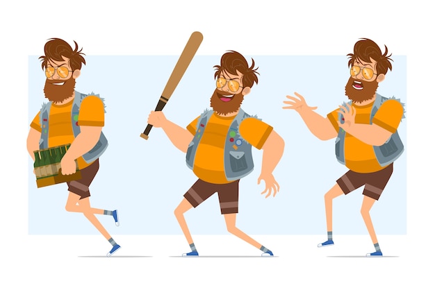 Cartoon flat funny bearded fat hipster man character in jeans jerkin and sunglasses. ready for animation. boy with baseball bat and running with beer. isolated on blue background.