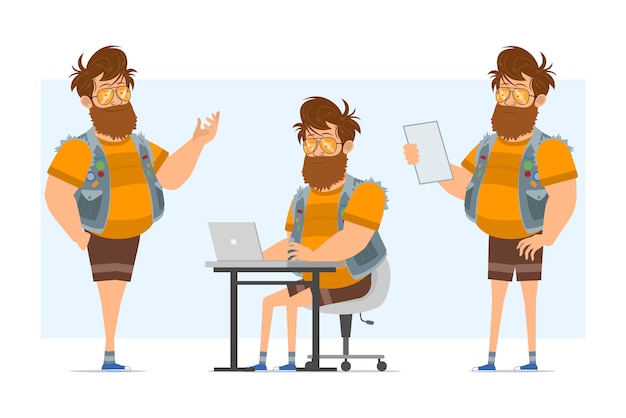 Cartoon flat funny bearded fat hipster man character in jeans jerkin and sunglasses. ready for animation. boy working on laptop and reading note. isolated on blue background.