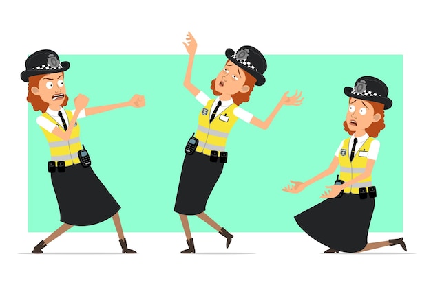 Мультфильм плоский смешной британский полицейский женский персонаж в желтой куртке с значком. девушка борется, падает назад и стоит на коленях.