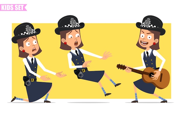 Cartoon flat funny british policeman girl character in helmet hat and uniform. girl playing guitar, falling down and standing on knee