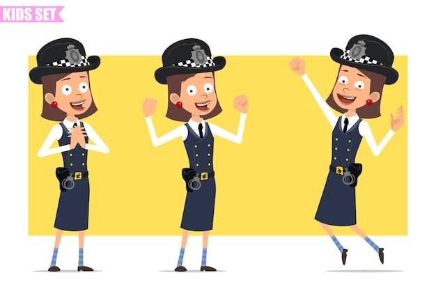 Cartoon flat funny british policeman girl character in helmet hat and uniform. girl standing, jumping and showing muscles.