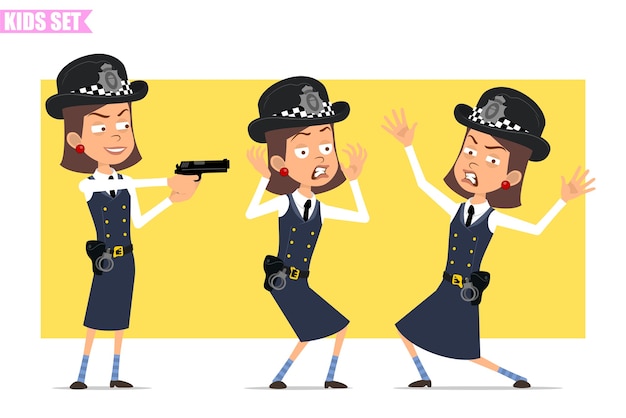Мультяшный плоский смешной британский полицейский персонаж девушки в шлеме, шляпе и униформе. девушка напугана, злая, сумасшедшая и стреляет из пистолета.