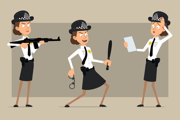 Vector cartoon flat funny british policeman woman character in black hat and uniform with badge. girl shooting from rifle and holding handcuffs. ready for animation. isolated on gray background. set.