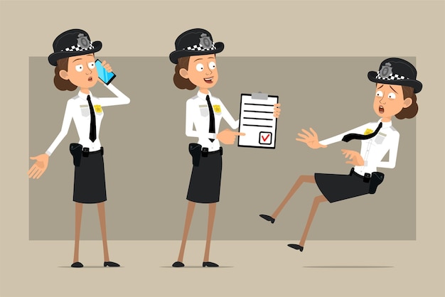 Мультяшный плоский забавный британский полицейский женский персонаж в черной шляпе и униформе с значком. девушка держит список дел и разговаривает по телефону.