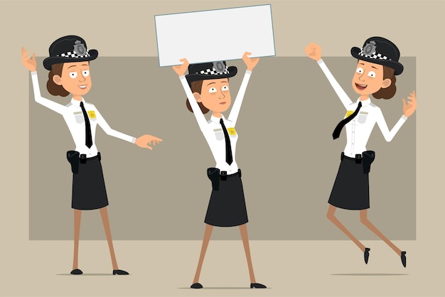 Мультяшный плоский забавный британский полицейский женский персонаж в черной шляпе и униформе с значком. девушка прыгает и держит пустой знак для текста.
