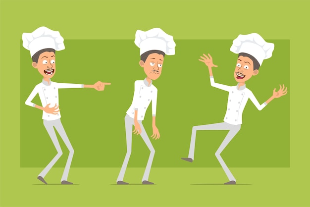 흰색 유니폼과 베이커 모자에 만화 평면 재미 요리사 요리사 남자 캐릭터. 슬프고, 피곤하고, 웃고, 점프하고 춤추는 남자.