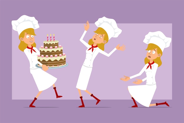 흰색 유니폼과 베이커 모자에 만화 평면 재미 요리사 요리 여자 캐릭터. 큰 생일 케이크를 들고 의식을 잃는 소녀.