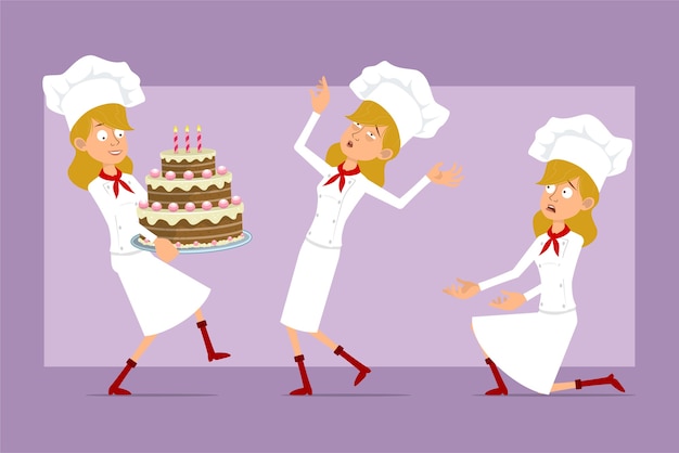 Vector cartoon flat funny chef cook woman character in white uniform and baker hat. girl carrying big birthday cake and falling unconscious.