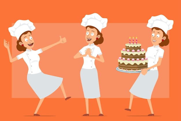 Vector cartoon flat funny chef cook woman character in white uniform and baker hat. girl carrying birthday cake and showing thumbs up.