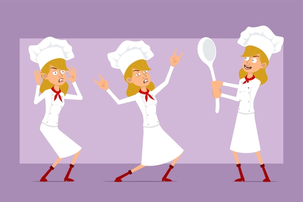 Vettore cartoon piatto divertente chef cuoco personaggio donna in uniforme bianca e cappello da panettiere. ragazza che tiene grande cucchiaio e che mostra il gesto di rock and roll.