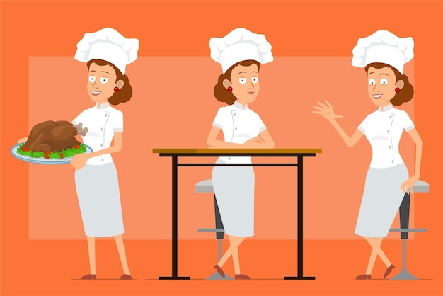 Cartoon flat funny chef cook woman character in white uniform and baker hat. girl posing and carrying tasty fried turkey or chicken.