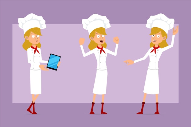 Vector cartoon flat funny chef cook woman character in white uniform and baker hat. girl showing strong muscles and holding new tablet.