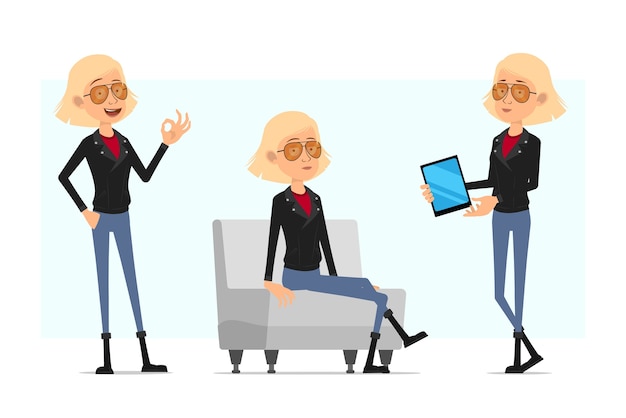 Cartoon flat funny cute rock and roll girl character in leather jacket. blonde girl resting on sofa, showing ok sign and new tablet.