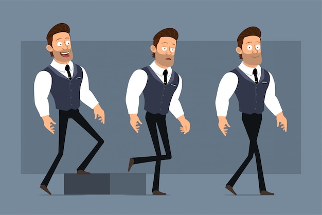 Cartoon flat funny cute strong muscular businessman character with black tie. Ready for animations. Successful boy walking up to his goal. Isolated on gray background. Big icon set.