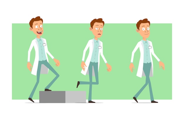 Cartoon flat funny doctor man character in white uniform with badge. successful tired boy walking up to his goal.