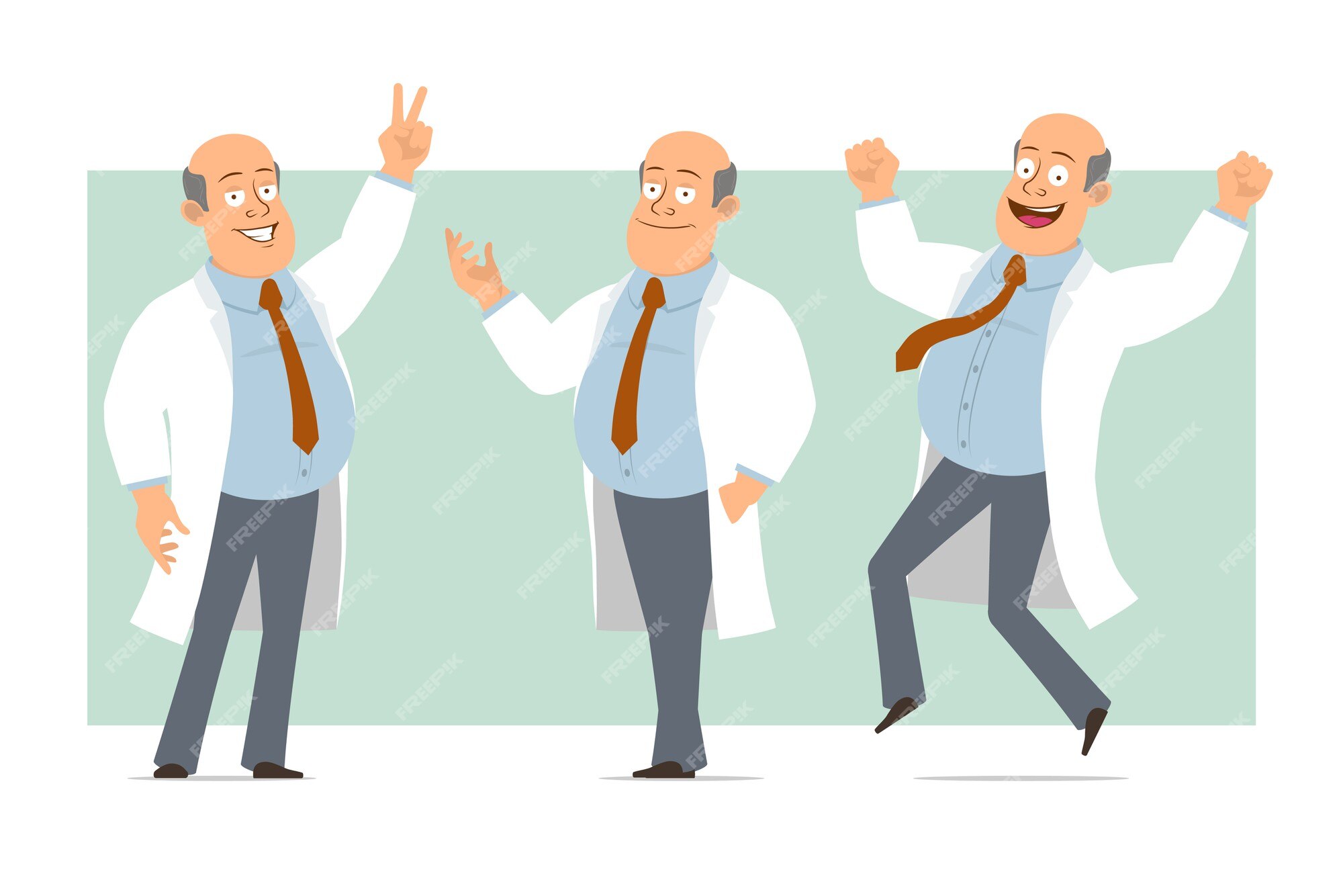 Premium Vector | Cartoon flat funny fat bald doctor man character in white  uniform with tie. boy posing, jumping and showing peace sign. ready for  animation. isolated on green background. set.