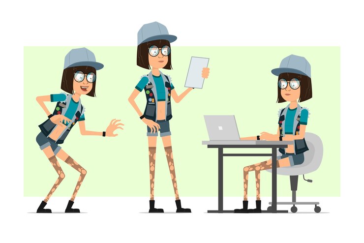 Vector cartoon flat funny hipster girl character in trucker cap, glasses and jeans shorts. girl sneaking, reading note and working on laptop.