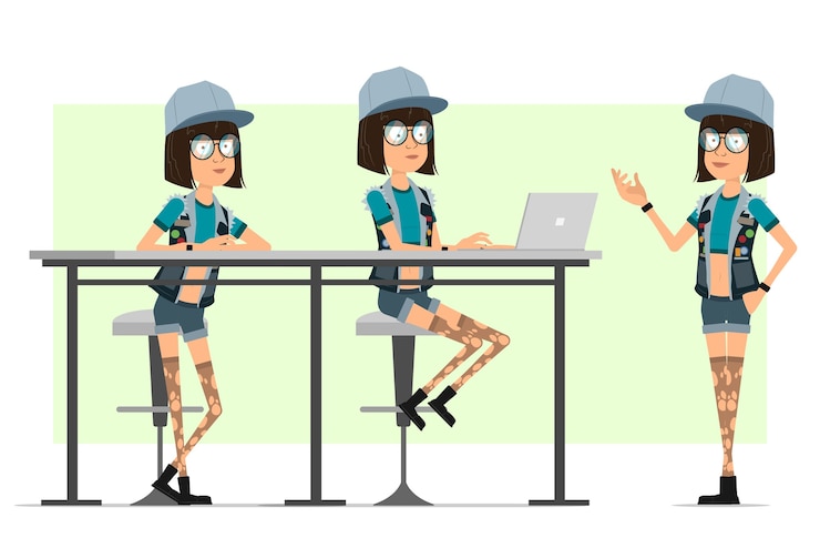 Vector cartoon flat funny hipster girl character in trucker cap, glasses and jeans shorts. girl working on laptop and posing for photo.