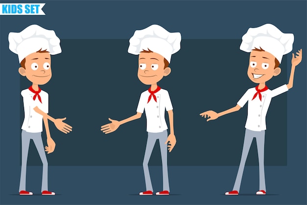 Мультяшный плоский забавный маленький повар повар мальчик персонаж в белой форме и шляпе пекаря. ребенок, пожимая руки и показывая жест приветствия.