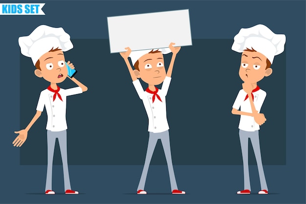 Cartoon flat funny little chef cook boy character in white uniform and baker hat. kid holding blank sign, thinking and talking on phone.