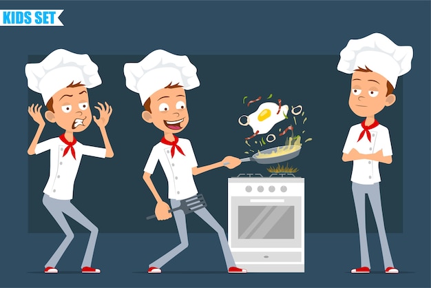 Cartoon flat funny little chef cook boy character in white uniform and baker hat. kid scared and cooking fried egg with bacon.