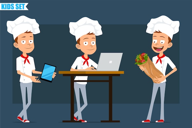 Cartone animato piatto divertente piccolo chef cuoco personaggio ragazzo in uniforme bianca e cappello da panettiere. bambino che lavora al computer portatile e che trasporta shawarma di kebab.