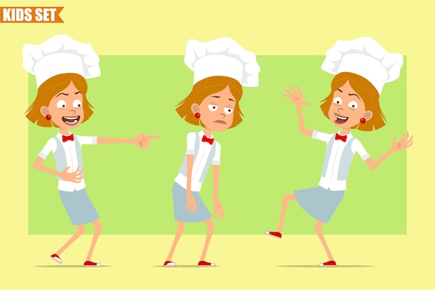 白い制服とパン屋の帽子の漫画フラット面白い小さなシェフ料理の女の子のキャラクター。悲しい、疲れた、笑う、ジャンプする、踊る子供。