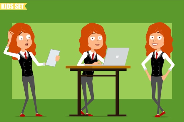 Vector cartoon flat funny little redhead girl character in business suit with red tie. kid reading paper note, working on laptop and posing. ready for animation. isolated on green background. set.