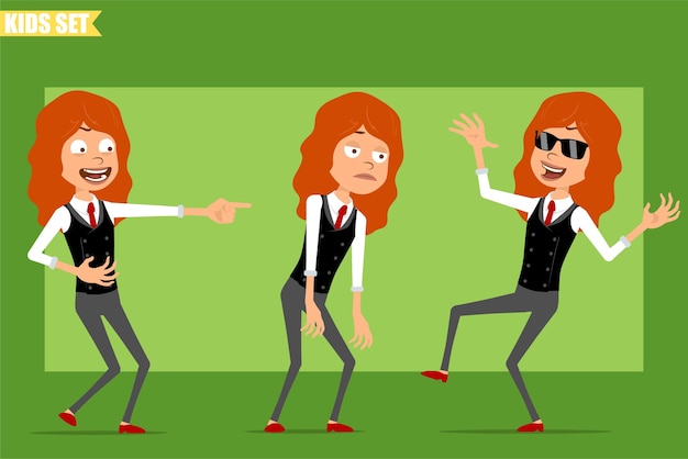 Cartoon flat funny little redhead girl character in business suit with red tie. kid sad, tired, laughing and dancing or jumping. ready for animation. isolated on green background. set.