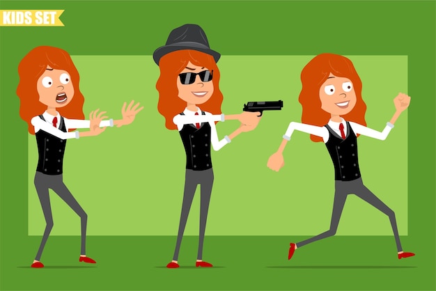 Vector cartoon flat funny little redhead girl character in business suit with red tie. kid scared, shooting from pistol and running. ready for animation. isolated on green background. set.