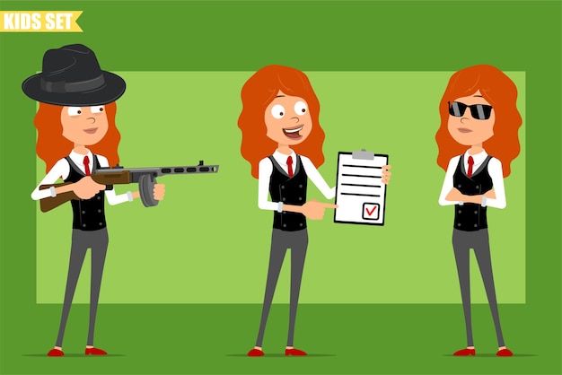 Cartoon flat funny little redhead girl character in business suit with red tie. kid shooting from automatic rifle and holding to do list. ready for animation. isolated on green background. set.