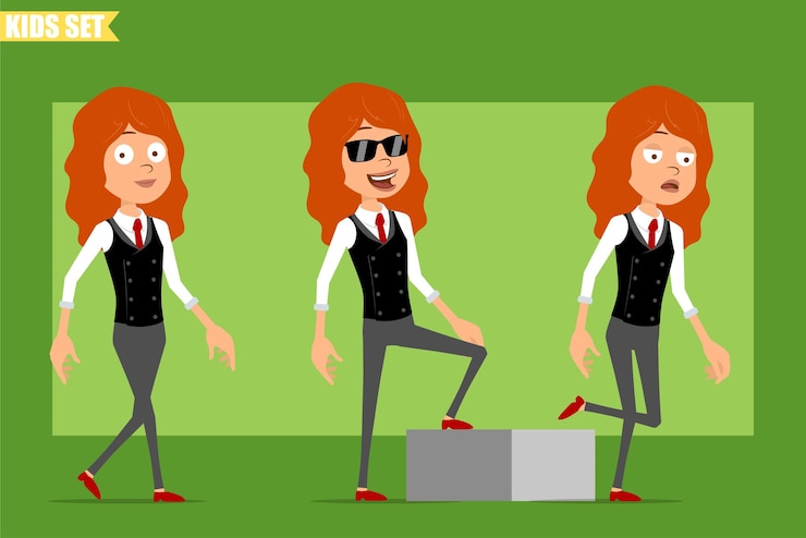 Vector cartoon flat funny little redhead girl character in business suit with red tie. successful tired kid walking up to her goal. ready for animation. isolated on green background. set.
