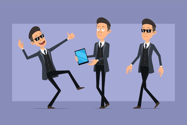 Vector cartoon flat funny mafia man character in black coat and sunglasses. boy walking, holding smart tablet and showing thumbs up sign. ready for animation. isolated on violet background. set.