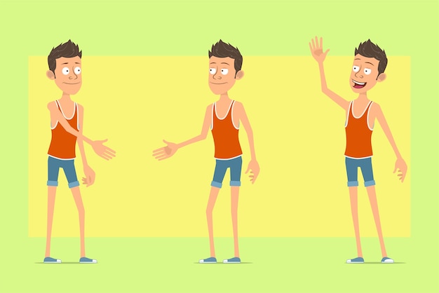 Cartoon flat funny man character in singlet and shorts. Boy shaking hands and showing hello or bye gesture.