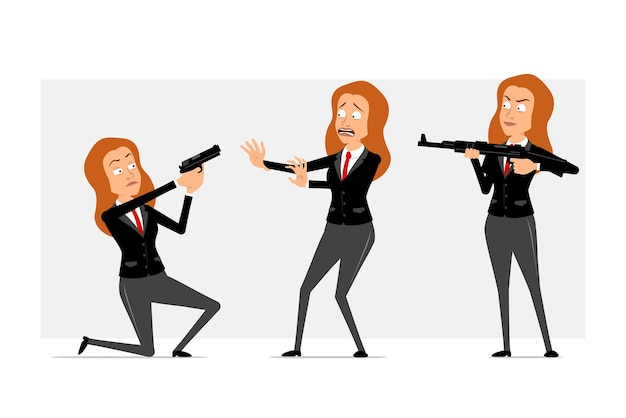 Vector cartoon flat funny redhead business woman character in black suit with red tie. girl scared, holding and shooting from rifle and pistol. ready for animation. isolated on gray background. set.