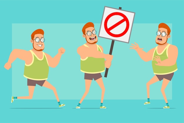 Cartoon flat funny redhead fat boy character in glasses, singlet and shorts. Boy running and walking with protest stop no entry sign.