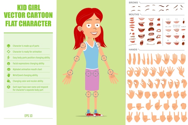 Cartoon flat funny redhead girl character in violet skirt. face expressions, eyes, brows, mouth and hands.