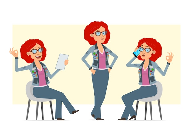 Мультфильм плоский смешной рыжий хиппи женщина персонаж в очках и джинсовой куртке. Девушка разговаривает по телефону, позирует и держит примечание.