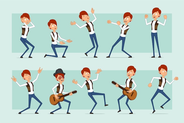 Cartoon flat funny redhead woman character in leather jacket and jeans. girl fighting, falling, dancing and playing on guitar