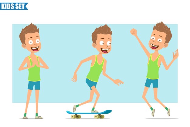 Cartoon flat funny sport boy character in green shirt and shorts. Kid posing, riding skateboard and jumping.