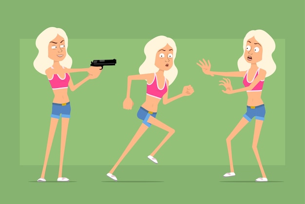 Cartoon flat funny sport woman character in shirt and jeans shorts. girl scared, shooting from pistol and running.