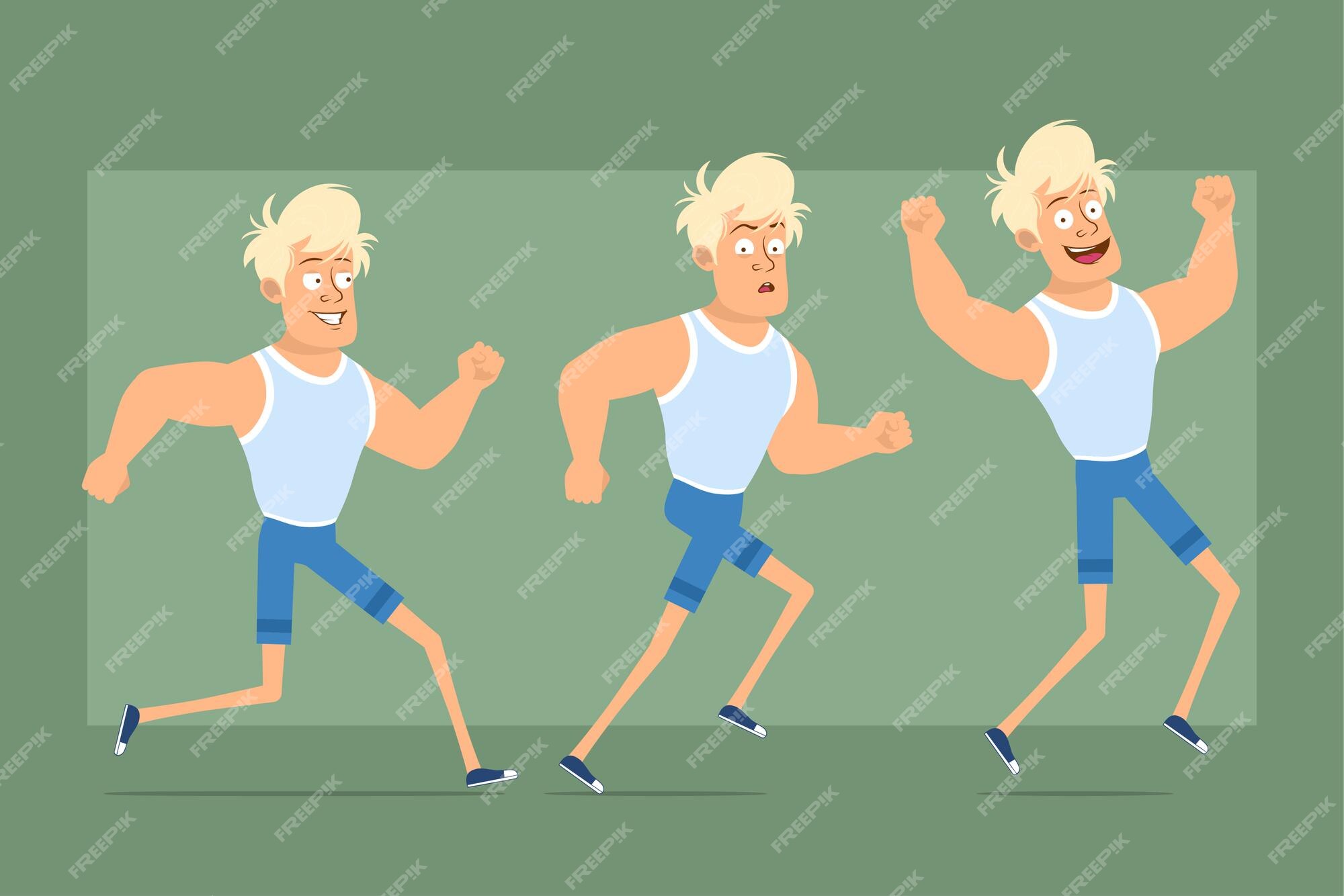 Premium Vector | Cartoon flat funny strong blonde sportsman character in  undershirt and shorts. boy running fast forward and jumping up. ready for  animation. isolated on green background. set.