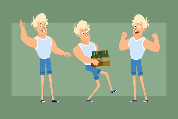 Vector cartoon flat funny strong blonde ssportsman character in undershirt and shorts. boy showing muscles and carrying box of beer bottles. ready for animation. isolated on green background. set.