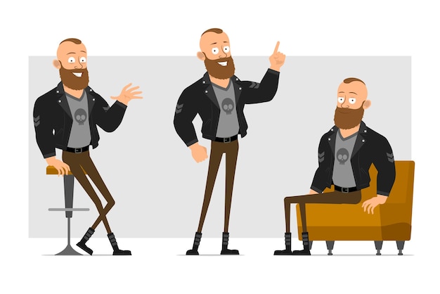 Vector cartoon flat funny strong character bearded punk man with mohawk in leather jacket. boy sitting on sofa and showing attention gesture.