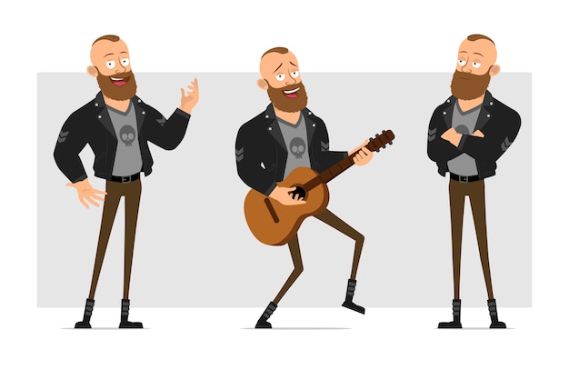 Vector cartoon flat funny strong character bearded punk man with mohawk in leather jacket. boy standing, singing song and playing on guitar.