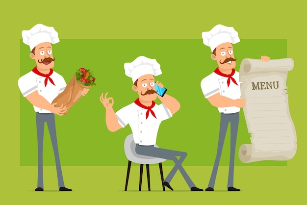 Мультяшный плоский смешной сильный шеф-повар повар человек персонаж в белой форме и шляпе пекаря. мальчик разговаривает по телефону, держа меню и шаурму кебаба.