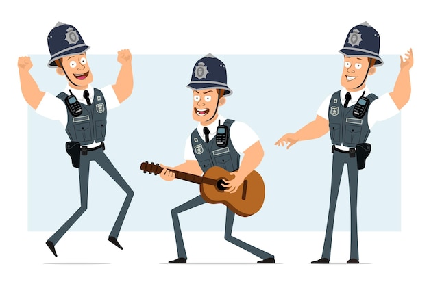 ラジオセット付き防弾チョッキの漫画フラット面白い強い警官のキャラクター。少年はジャンプし、踊り、ギターで遊んでいます。