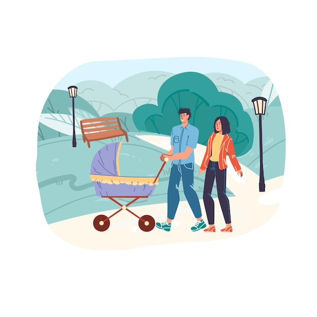 Cartoon flat happy family characters couple walks with baby carriage