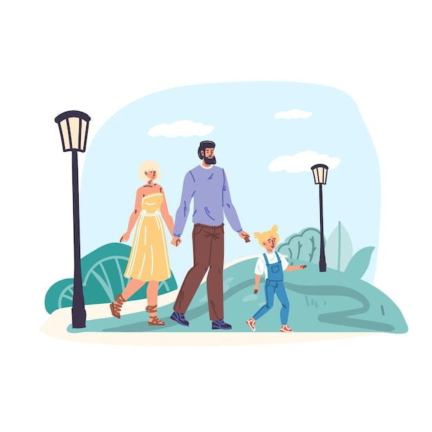 Cartoon flat happy family characters parents walkingyoung\
people couple mom dad and kid walks outdoors in city park emotions\
relationships healthy family web online banner social concept